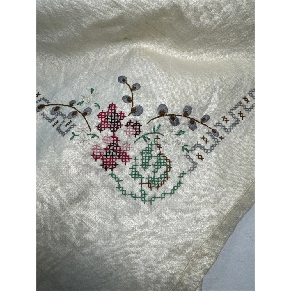 VTG Linen Hand Embroidered Cross Stitch Tablecloth Floral 54x68